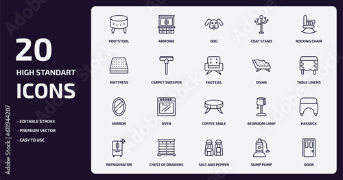 furniture & household outline icons set. furniture & household thin line icons pack such as footstool, coat stand, carpet sweeper, mirror, chest of drawers, salt and pepper shakers, sump pump, door