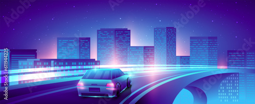 Car drives on the bridge. Night neon city view.