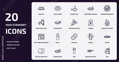 food outline icons set. food thin line icons pack such as wonton, cantonese seafood soup, peking duck, fast food restaurant, noodle soup, pint, buddhas delight, fair vector.