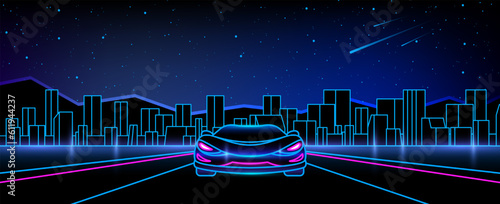 Supercar on night outline city background photo