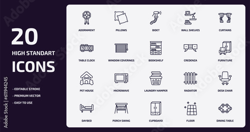 furniture & household outline icons set. furniture & household thin line icons pack such as adornment, wall shelves, window coverings, pet house, porch swing, cupboard, floor, dining table vector.