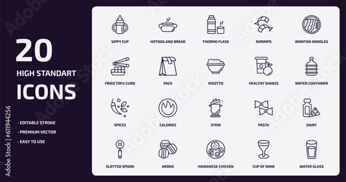 food outline icons set. food thin line icons pack such as sippy cup, shrimps, pack, spices, arons, hainanese chicken, cup of wine, water glass vector.