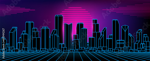 Night city outline landscape on sunset background. Illustration in retro wave, arcade game 80s style.