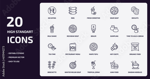 food outline icons set. food thin line icons pack such as no eating, sour soup, red bean soup, tea time, winter melon soup, tropical drink, junk food, dandan noodles vector.