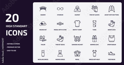 fashion outline icons set. fashion thin line icons pack such as diadem, pair of gloves, medal with a star, tailor, women drees, royal, dress with belt, footwear vector.