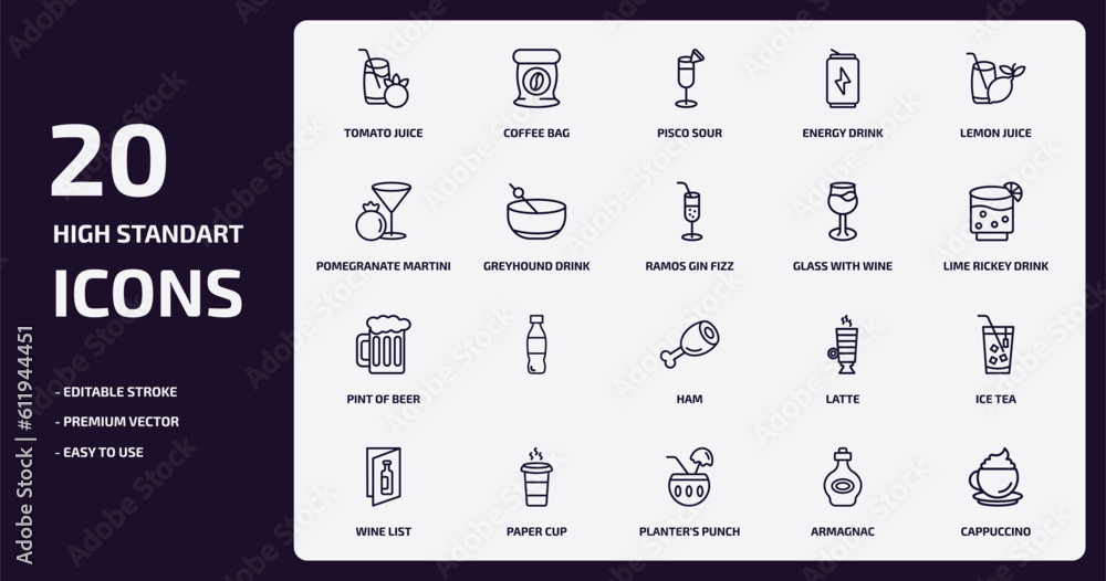 drinks outline icons set. drinks thin line icons pack such as tomato ...