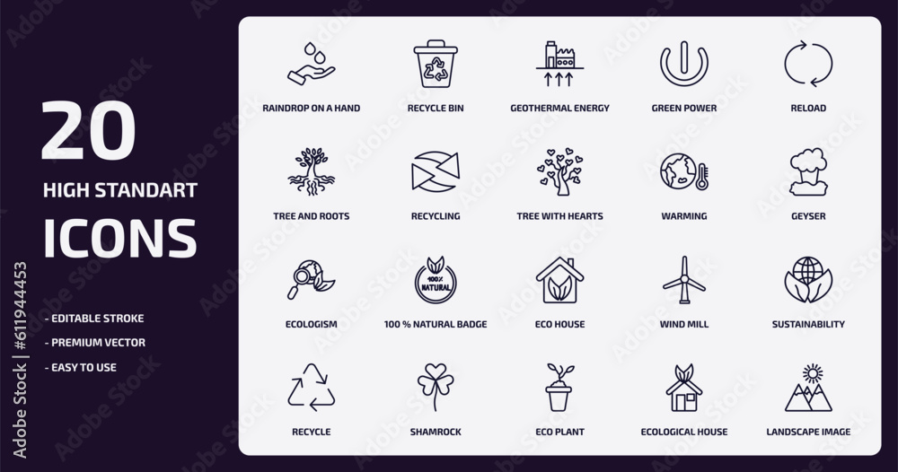 ecology outline icons set. ecology thin line icons pack such as raindrop on a hand, green power, recycling, ecologism, shamrock, eco plant, ecological house, landscape image vector. ecology outline icons set. ecology thin line icons pack such as raindrop on a hand, green power, recycling, ecologism, shamrock, eco plant, ecological house, landscape image vector.