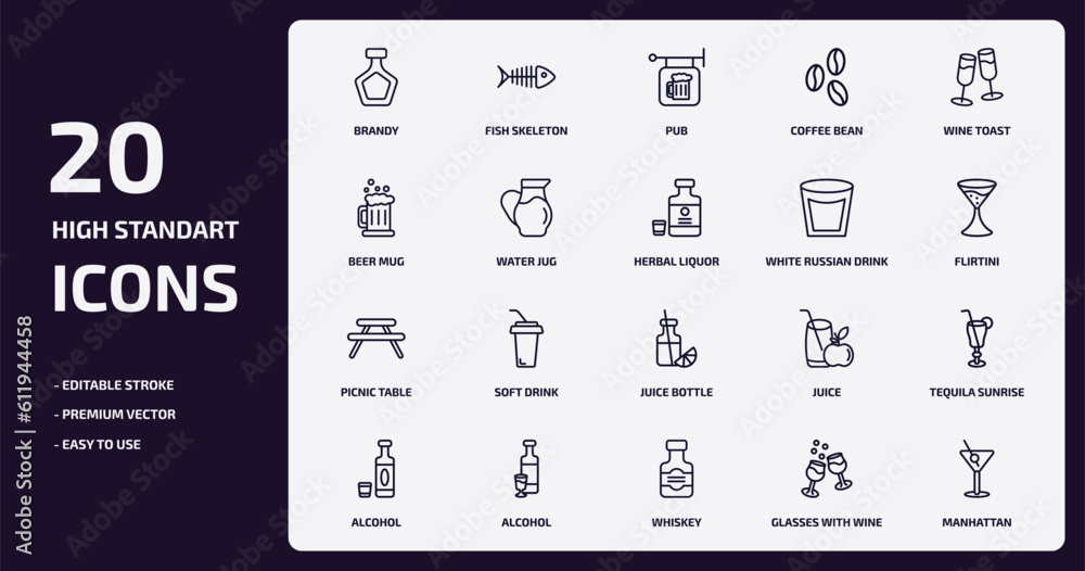 drinks outline icons set. drinks thin line icons pack such as brandy, coffee bean, water jug, picnic table, alcohol, whiskey, glasses with wine, manhattan vector. drinks outline icons set. drinks thin line icons pack such as brandy, coffee bean, water jug, picnic table, alcohol, whiskey, glasses with wine, manhattan vector.