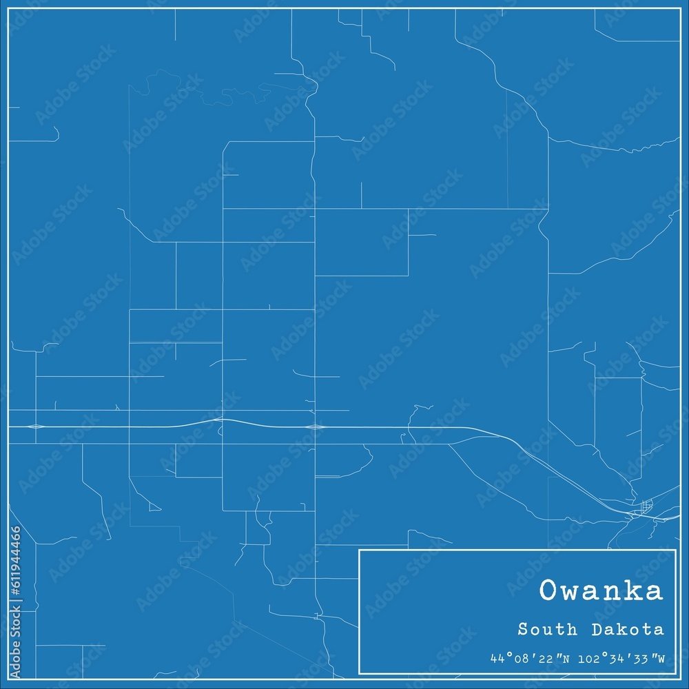 Blueprint US city map of Owanka, South Dakota.