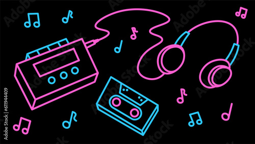 Vintage music cassette player of the 90s in outline retro neon style on black background.