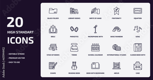 education outline icons set. education thin line icons pack such as black folder, fraternity, parasites, stack of books, reading book, book with bookmark, abcus, case vector.