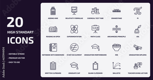 education outline icons set. education thin line icons pack such as adding hine, grandstand, experimentation, notebook with bookmark, graduate cap, blank clipboard, ballistic, teacher giving lecture