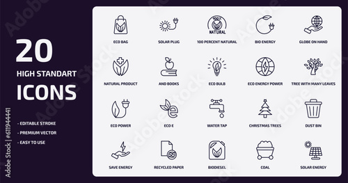 ecology outline icons set. ecology thin line icons pack such as eco bag, bio energy, and books, eco power, recycled paper, biodiesel, coal, solar energy vector.