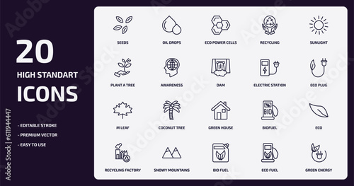 ecology outline icons set. ecology thin line icons pack such as seeds, recycling, awareness, m leaf, snowy mountains, bio fuel, eco fuel, green energy vector.