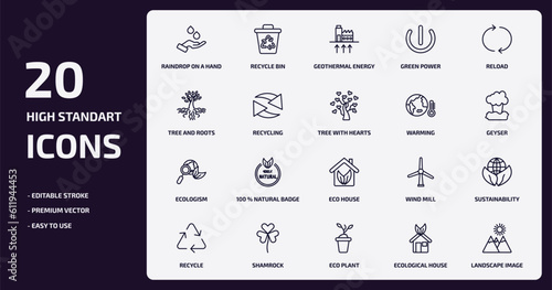 ecology outline icons set. ecology thin line icons pack such as raindrop on a hand, green power, recycling, ecologism, shamrock, eco plant, ecological house, landscape image vector.