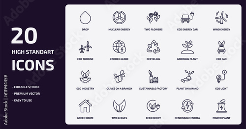 ecology outline icons set. ecology thin line icons pack such as drop, eco energy car, energy globe, eco industry, two leaves, eco energy, renewable power plant vector.