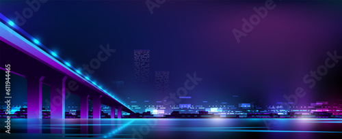 Concrete bridge stands over the water surface. Illustration of neon night city view.