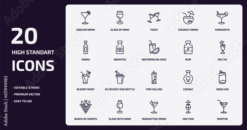 drinks outline icons set. drinks thin line icons pack such as sidecar drink, coconut drink, absinthe, bloody mary, glass with wine, manhattan drink, mai thai, martini vector.