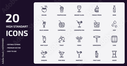 drinks outline icons set. drinks thin line icons pack such as malibu, french press, caipiroska, mint julep, pink rose, martinez, fruit juice, jigger vector.