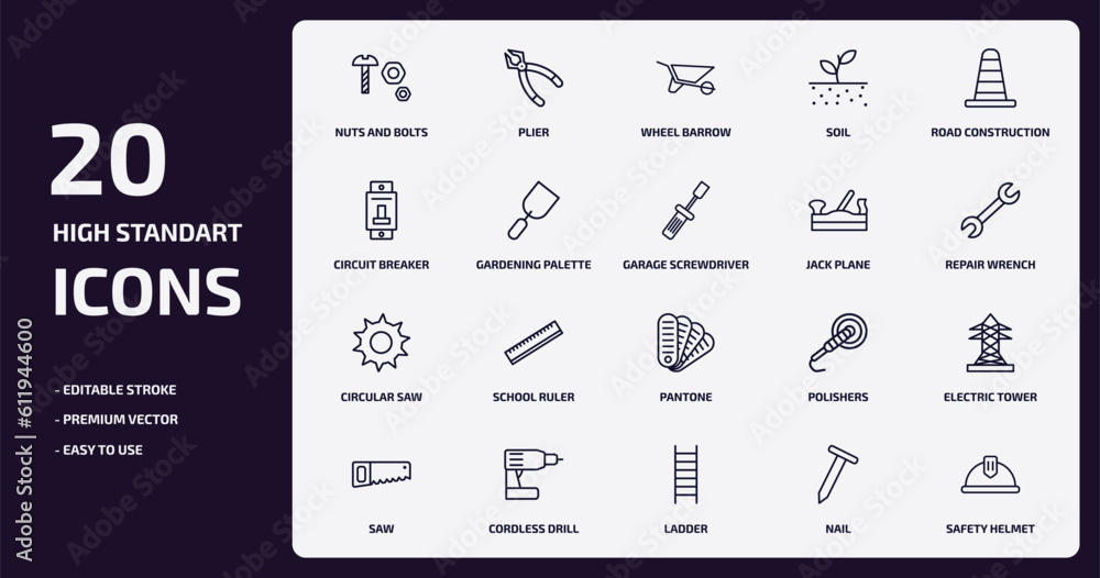 construction tools outline icons set. construction tools thin line icons pack such as nuts and bolts, soil, gardening palette, circular saw, cordless drill, ladder, nail, safety helmet vector. construction tools outline icons set. construction tools thin line icons pack such as nuts and bolts, soil, gardening palette, circular saw, cordless drill, ladder, nail, safety helmet vector.