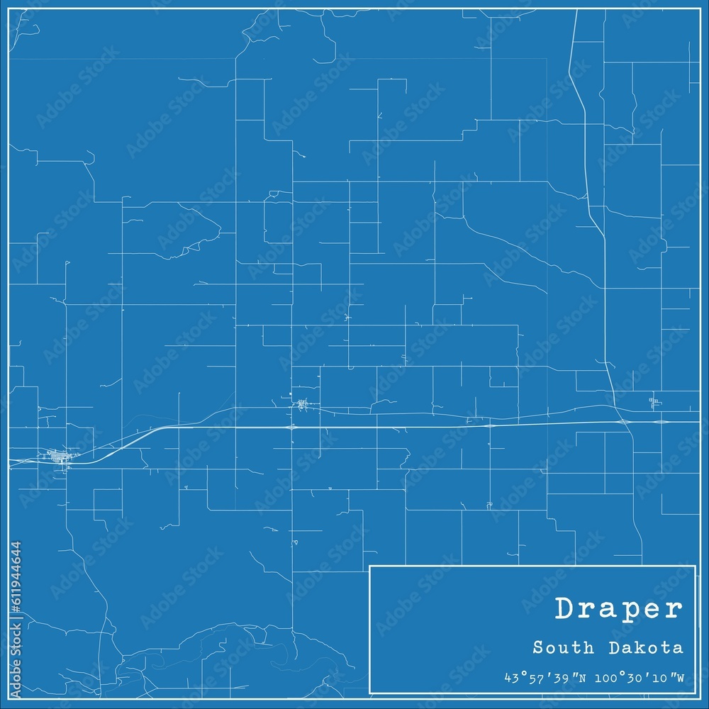 Blueprint US city map of Draper, South Dakota.