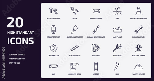 construction tools outline icons set. construction tools thin line icons pack such as nuts and bolts, soil, gardening palette, circular saw, cordless drill, ladder, nail, safety helmet vector.