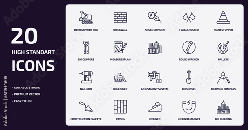 construction outline icons set. construction thin line icons pack such as derrick with box, flags crossed, measures plan, nail gun, paving, inclined, inclined magnet, big building vector.