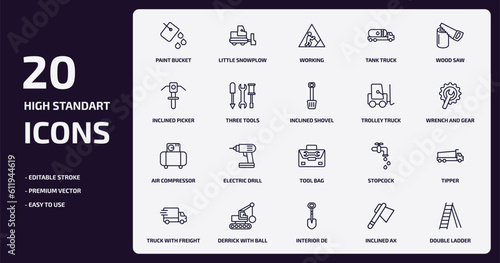 construction outline icons set. construction thin line icons pack such as paint bucket, tank truck, three tools, air compressor, derrick with ball, interior de, inclined ax, double ladder vector.