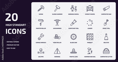 construction tools outline icons set. construction tools thin line icons pack such as screw, cement mixers, jackhammer, garage wrench, warning, traffic cone, hammer and nail, carpenter cutter