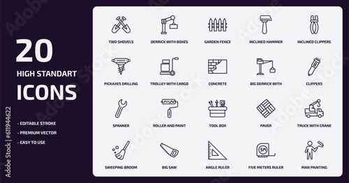 construction outline icons set. construction thin line icons pack such as two shovels, inclined hammer, trolley with cargo, spanner, big saw, angle ruler, five meters ruler, man painting vector.