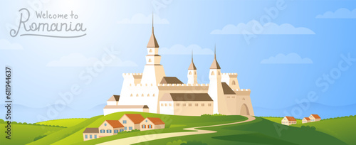 Beautiful old medieval Romanian fortress on green hill.