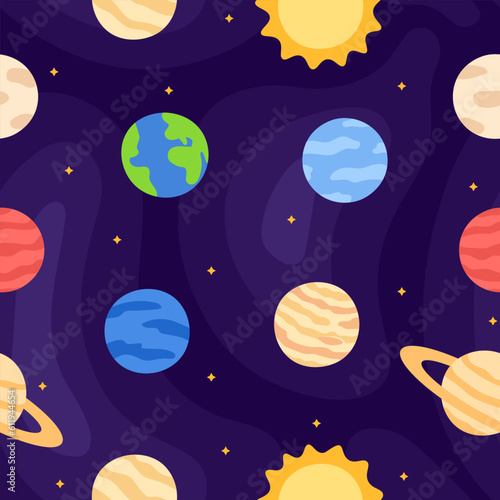 Flat cartoon solar system with planets Earth, Mars, Jupiter, Saturn and other seamless pattern on cosmos background.