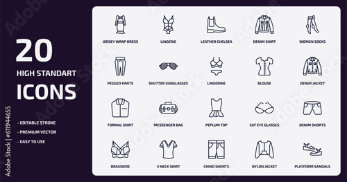clothes outline icons set. clothes thin line icons pack such as jersey wrap dress, denim shirt, shutter sunglasses, formal shirt, v neck shirt, chino shorts, nylon jacket, platform sandals vector.