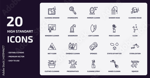 cleaning outline icons set. cleaning thin line icons pack such as cleaning window, shower head, deodorizer, wet floor, preservatives, spray, hands cleanin, squeeze vector. photo