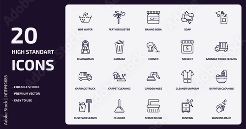 cleaning outline icons set. cleaning thin line icons pack such as hot water, soap, garbage, garbage truck, plunger, scrub brush, dusting, washing hand vector.