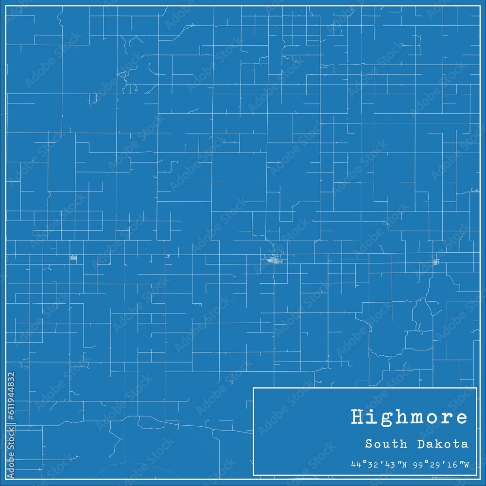Blueprint US city map of Highmore, South Dakota.