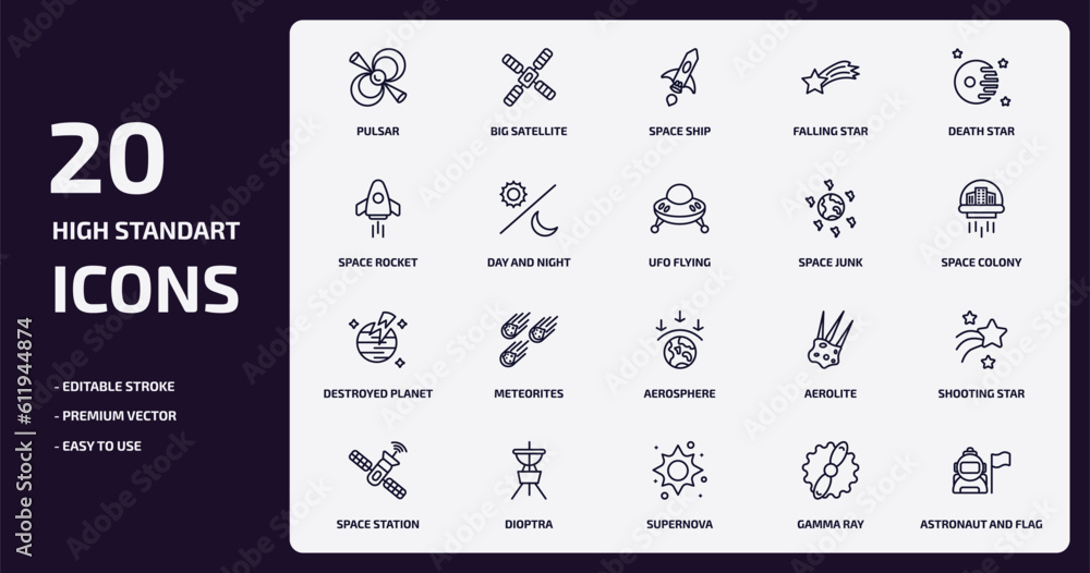 astronomy outline icons set. astronomy thin line icons pack such as pulsar, falling star, day and night, destroyed planet, dioptra, supernova, gamma ray, astronaut and flag vector.