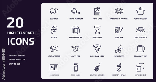 bistro and restaurant outline icons set. bistro and restaurant thin line icons pack such as beef chop, paella with parwns, foamy beer jar, load of bread, milk brick, spatula utensil, ice cream balls