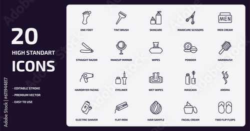 beauty outline icons set. beauty thin line icons pack such as one foot, manicure scissors, makeup mirror, hairdryer facing left, flat iron, hair sample, facial cream, two flip flops vector.