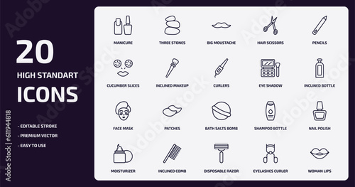 beauty outline icons set. beauty thin line icons pack such as manicure, hair scissors, inclined makeup brush, face mask, inclined comb, disposable razor, eyelashes curler, woman lips vector.
