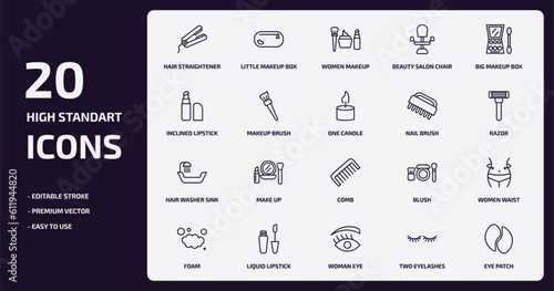 beauty collection. thin outline icons set. beauty collection. thin thin line icons pack such as hair straightener, beauty salon chair, makeup brush, hair washer sink, liquid lipstick, woman eye, two