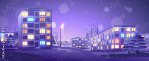 Evening street of residential area view. Winter cityscape on buildings in the Soviet constructivism style.