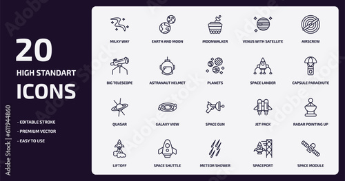 astronomy outline icons set. astronomy thin line icons pack such as milky way, venus with satellite, astranaut helmet, quasar, space shuttle, meteor shower, spaceport, space module vector.