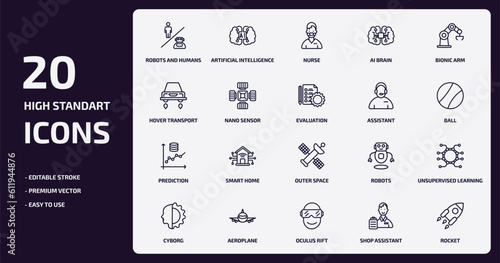 artificial intellegence outline icons set. artificial intellegence thin line icons pack such as robots and humans, ai brain, nano sensor, prediction, aeroplane, oculus rift, shop assistant, rocket