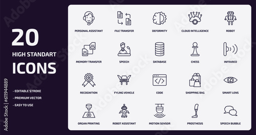 artificial intellegence outline icons set. artificial intellegence thin line icons pack such as personal assistant, cloud intelligence, speech, recognition, robot assistant, motion sensor,