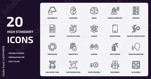 artificial intellegence outline icons set. artificial intellegence thin line icons pack such as ar monocle, laws of robotics, synthetic food, processing, face recognition, match moving, motorway, ar