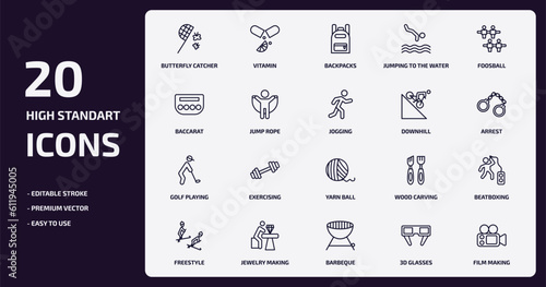 activity and hobbies outline icons set. activity and hobbies thin line icons pack such as butterfly catcher, jumping to the water, jump rope, golf playing, jewelry making, barbeque, 3d glasses, film