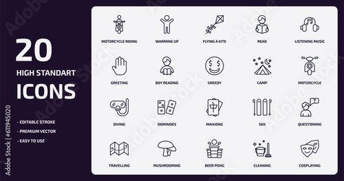 activity and hobbies outline icons set. activity and hobbies thin line icons pack such as motorcycle riding, read, boy reading, diving, mushrooming, beer pong, cleaning, cosplaying vector.