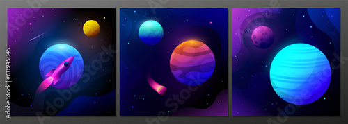Set of cartoon space pictures with colored planets and a rocket