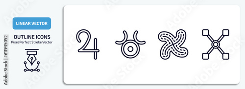 zodiac outline icons set. zodiac thin line icons pack included jupiter, zinc, loyalty, gods guidance vector.